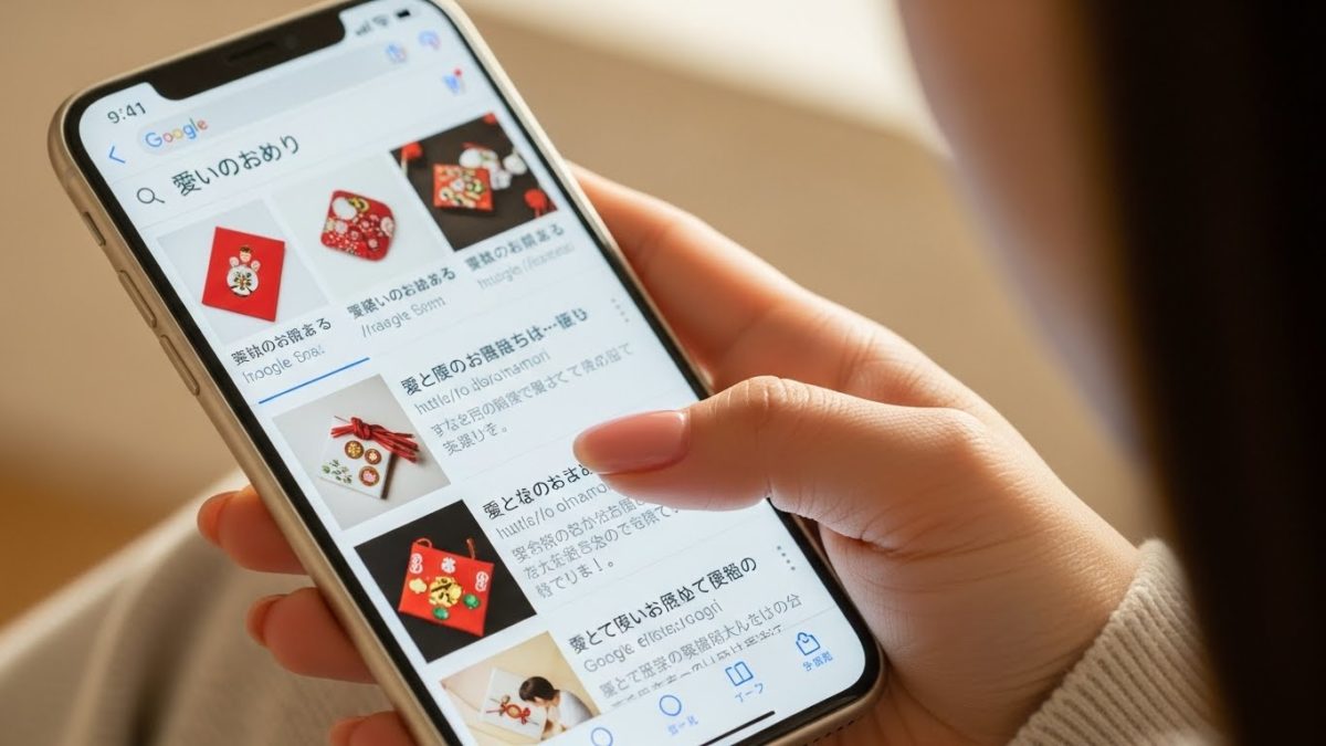 スマホでアマラアミュレットの口コミを検索する女性の手元