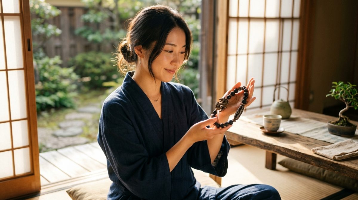 黒龍様の波動を込めた九眼天珠ブレスレットを大切に持つ日本人女性。