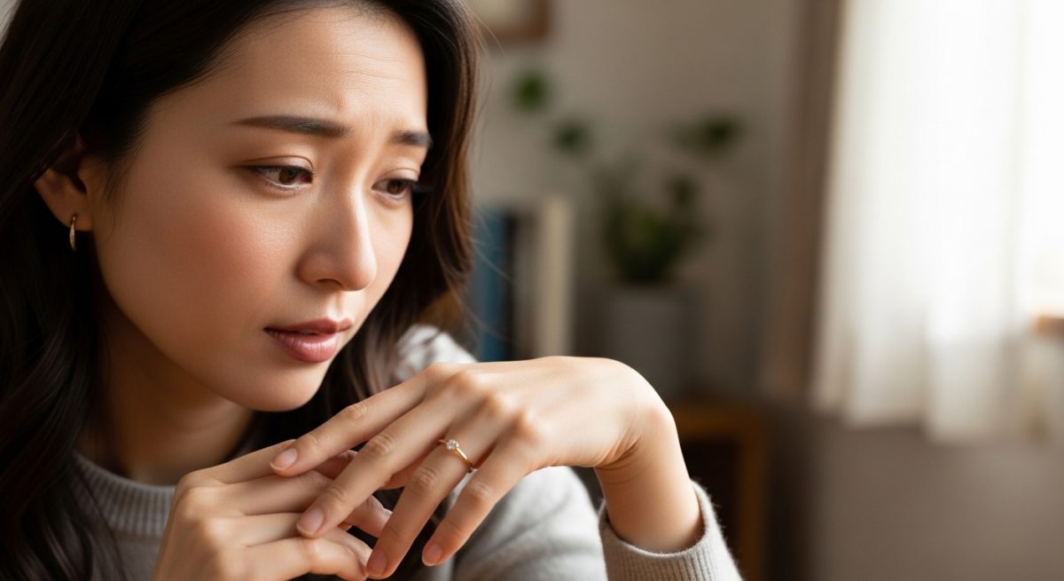 指にはめたゴールドのリングを見つめ、復縁を願う日本人女性の様子