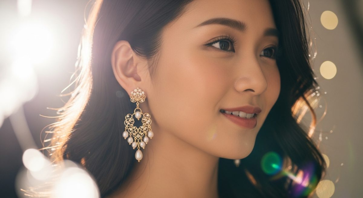 美しいピアスを身に着け、光に包まれている日本人女性の横顔