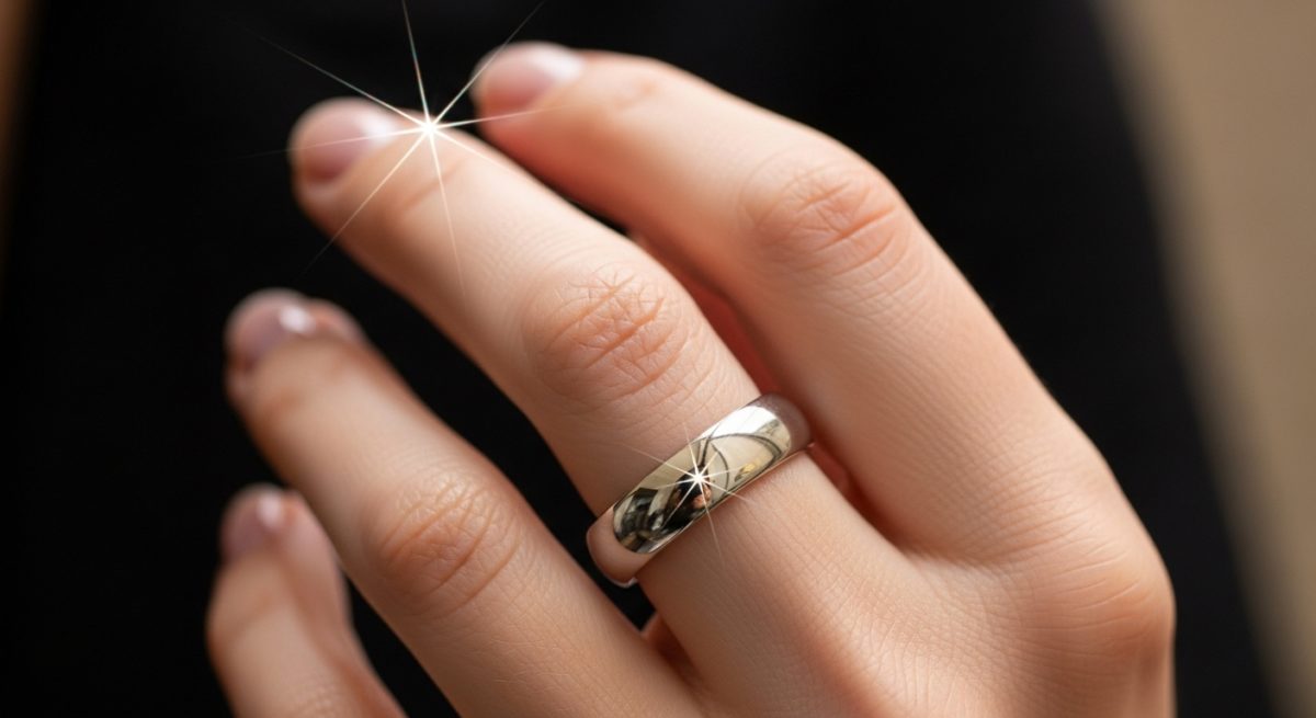 指にはめたシルバーリングが光を反射し、力強く輝いている様子