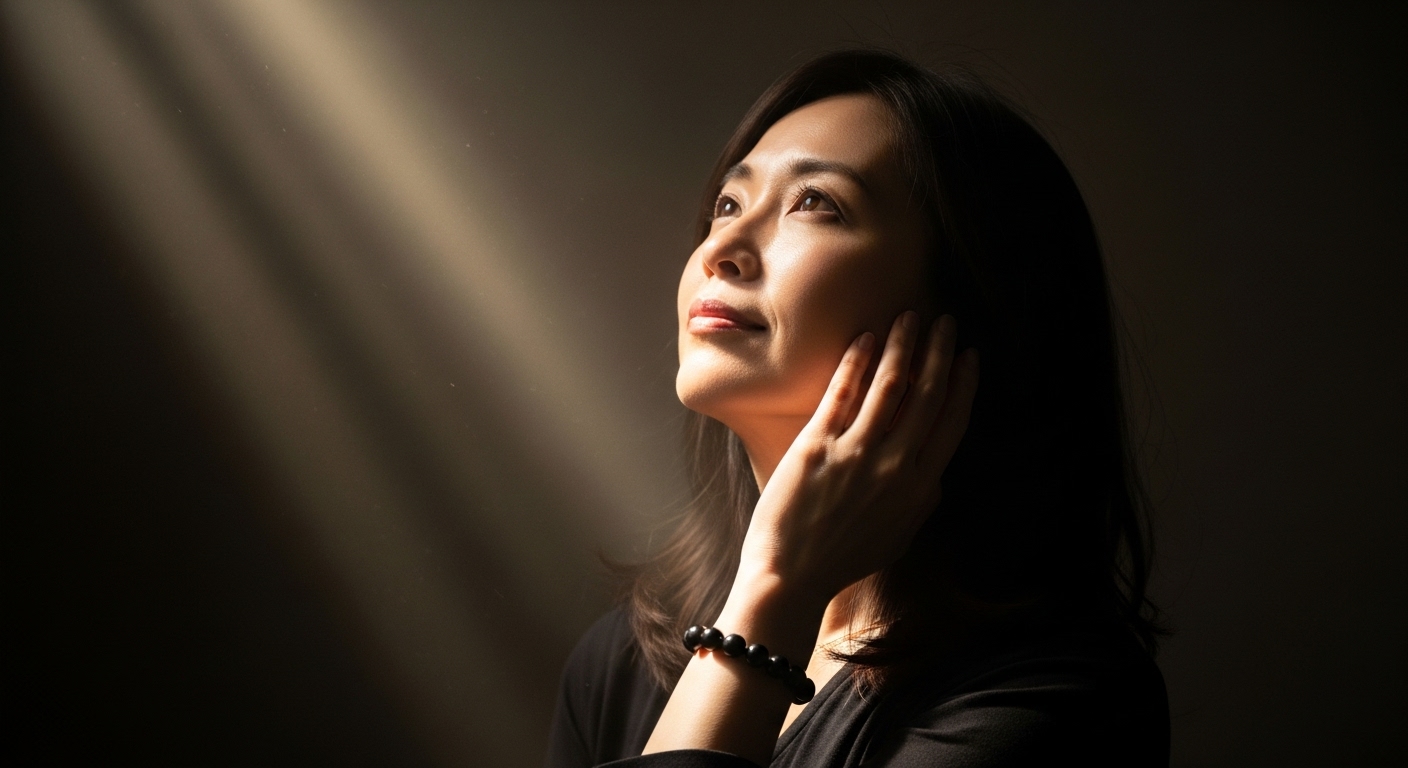 暗闇の中で、一筋の神々しい光に照らされている日本人女性（30代）。彼女の腕には黒いパワーストーンのブレスレットが輝いている。表情は不安から解放され、未来への希望に満ちている。神秘的で静謐な雰囲気。