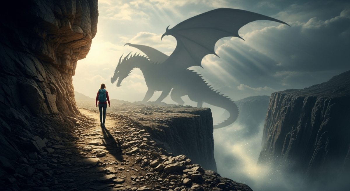 困難な道を歩む人の背中を、巨大で荘厳な黒龍の影がそっと後押ししているような、ファンタジックで力強いイメージ。希望と変革の力を感じさせる一枚