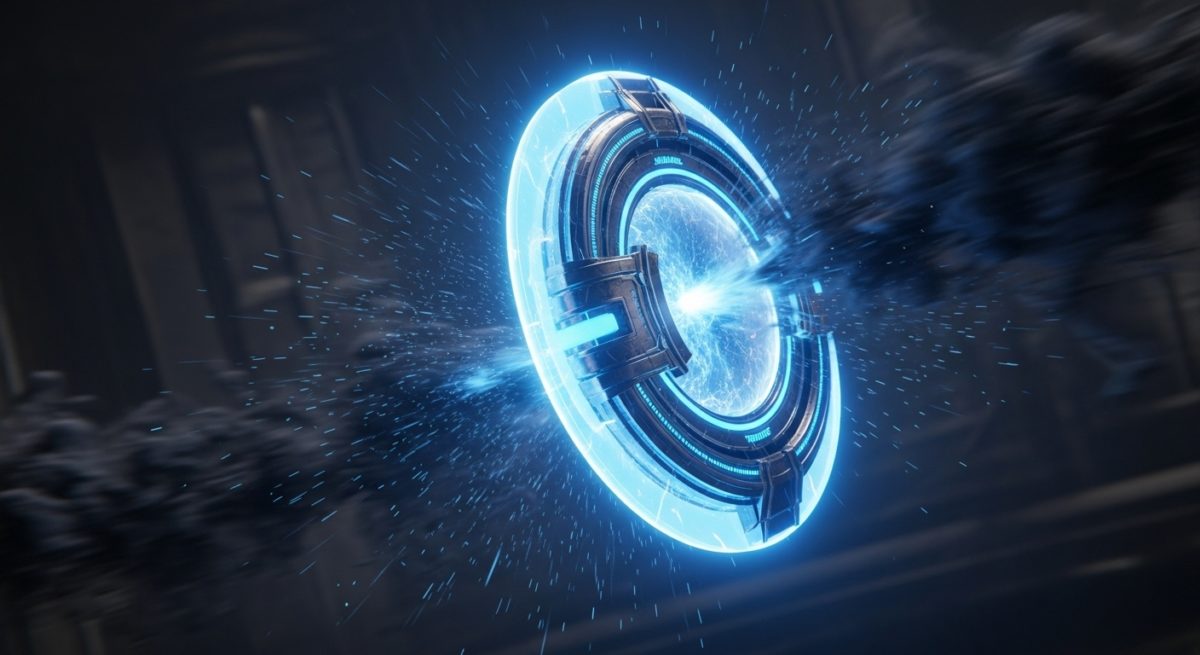 指輪から青い光のシールドが展開され、黒いモヤ（悪意）を弾き返しているイメージ図