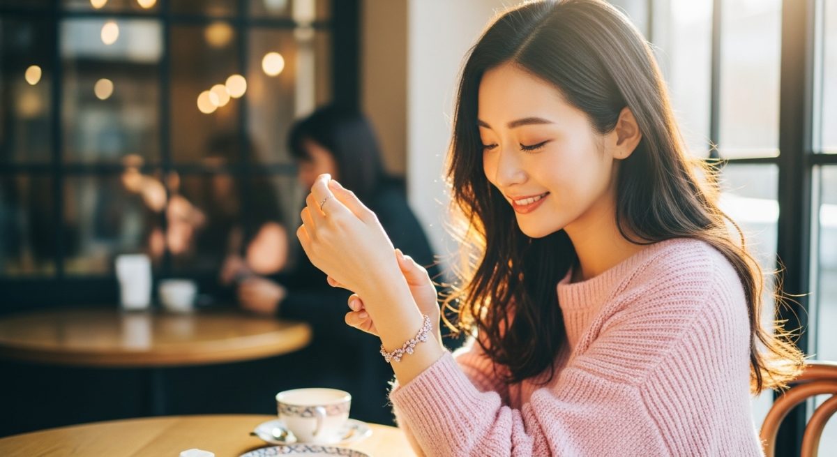 キラキラと輝く美しいパワーストーンブレスレットが、柔らかな光（天使のオーラのような）に包まれている幻想的なイメージ。高級感と神秘性を強調