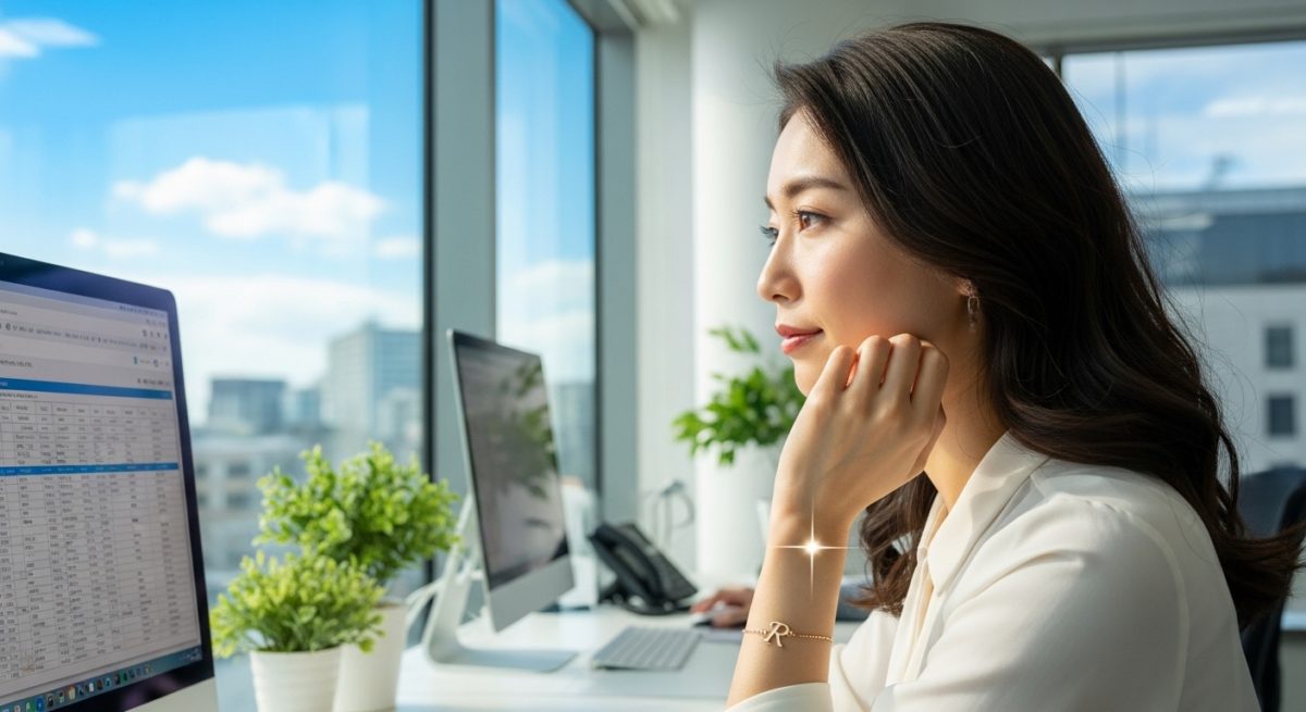 オフィスでパソコンに向かう女性の手元。イニシャルブレスレットが輝いており、忙しい中でも自分らしさを失わずにいる様子。窓の外には青空が広がり、明るい未来を暗示