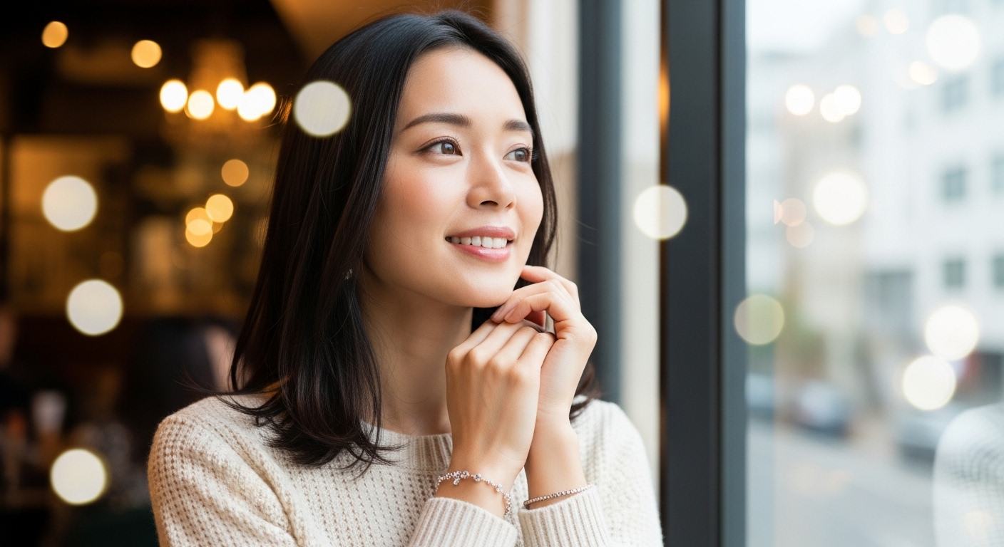 スタイリッシュなカフェの窓辺に立って、希望に満ちた優しい笑顔で外を眺め、手首に繊細なクリスタルのブレスレットを着けている美しい日本人女性の写真。柔らかな自然光が彼女の顔を照らし、暖かくロマンチックな雰囲気があり、ブレスレットと彼女の表情に焦点を当て、高解像度、写実的なスタイルです。