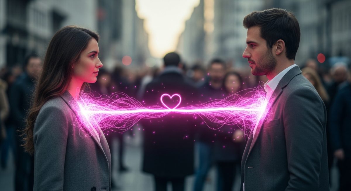 人混みの中ですれ違う男女。お互いの胸元からピンク色の光の糸が伸びて、複雑に絡み合いながらも一本の太い線になって繋がっていく、運命的な出会いの瞬間を描写