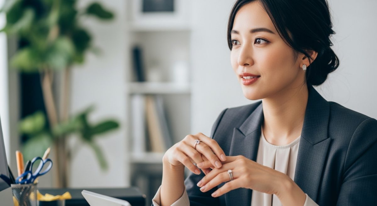 指輪を身につけて自信に満ちた表情で仕事に取り組む日本人の様子