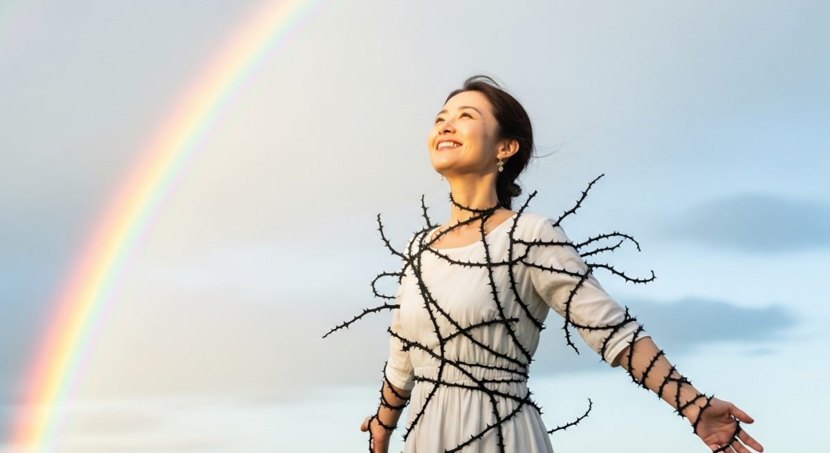 まとわりついていた黒い茨が消え去り、光の中で晴れやかな笑顔を見せる30代の日本人女性。背景には虹がかかっており、苦しみから解放され、新しい人生が始まる希望に満ちた雰囲気