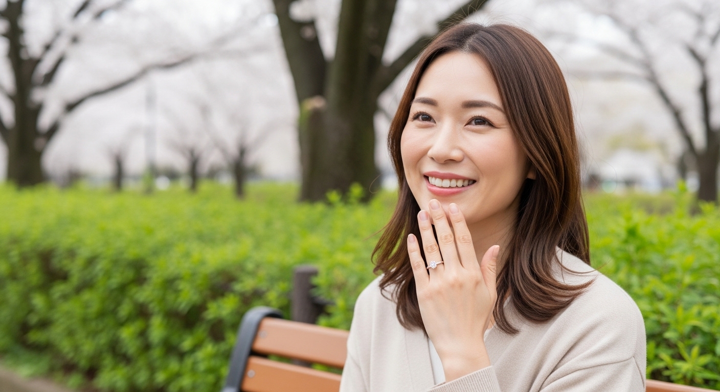 桜や新緑など、新しい始まりを感じさせる美しい公園のベンチに座り、幸せそうに微笑む30代の日本人女性。彼女の指にはキラリと光る指輪がつけられており、その視線の先には、これから素敵な出会いが待っているかのような、柔らかく希望に満ちた光が満ちている。ロマンチックで、ポジティブな未来を予感させる雰囲気
