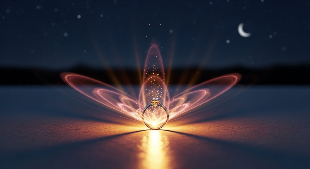 夜空の下、キラキラと輝くシルバーリングから、ピンクやゴールドの優しい光の波紋が広がっていく様子。運命の出会いを引き寄せる、ロマンチックで神秘的な雰囲気