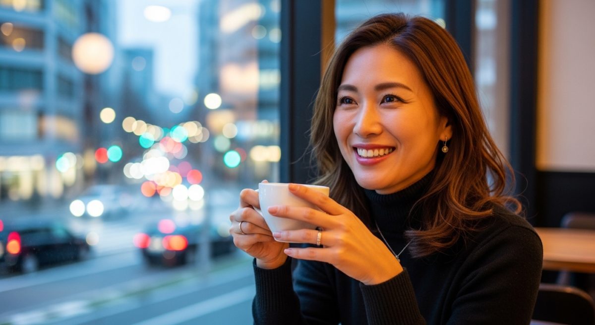 カフェの窓際で、指輪をつけた手でコーヒーカップを持ちながら、幸せそうに微笑む30代の日本人女性。窓の外には、これから始まる素敵な出会いを予感させるような、きらめく街の光が広がっている