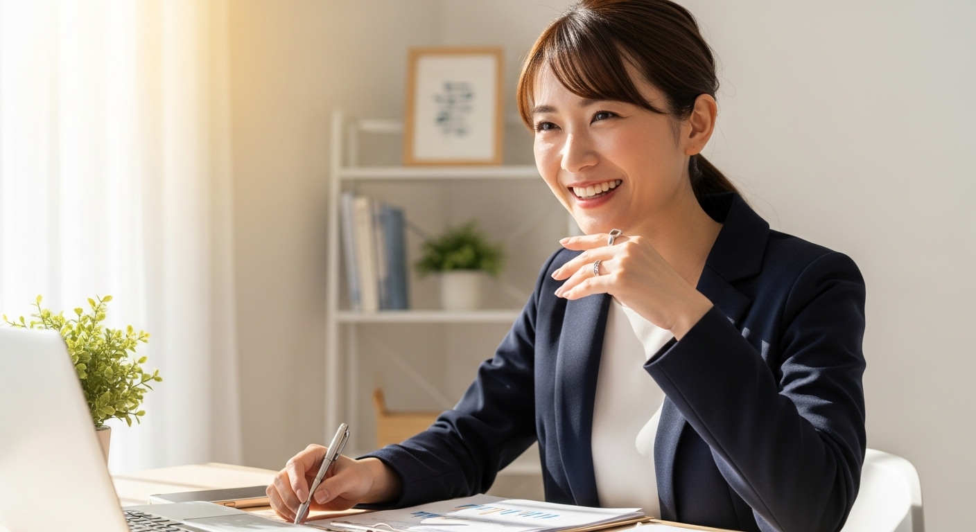 朝日が差し込む明るい部屋で、パソコンや資料を前に、自信に満ちた輝く笑顔を見せる30代の日本人女性。彼女の指にはシルバーリングが輝いており、その姿はまさにキャリアと富を自分の力で築き上げている成功者のオーラを放っている。金運が覚醒し、人生が上昇気流に乗ったポジティブで力強い雰囲気