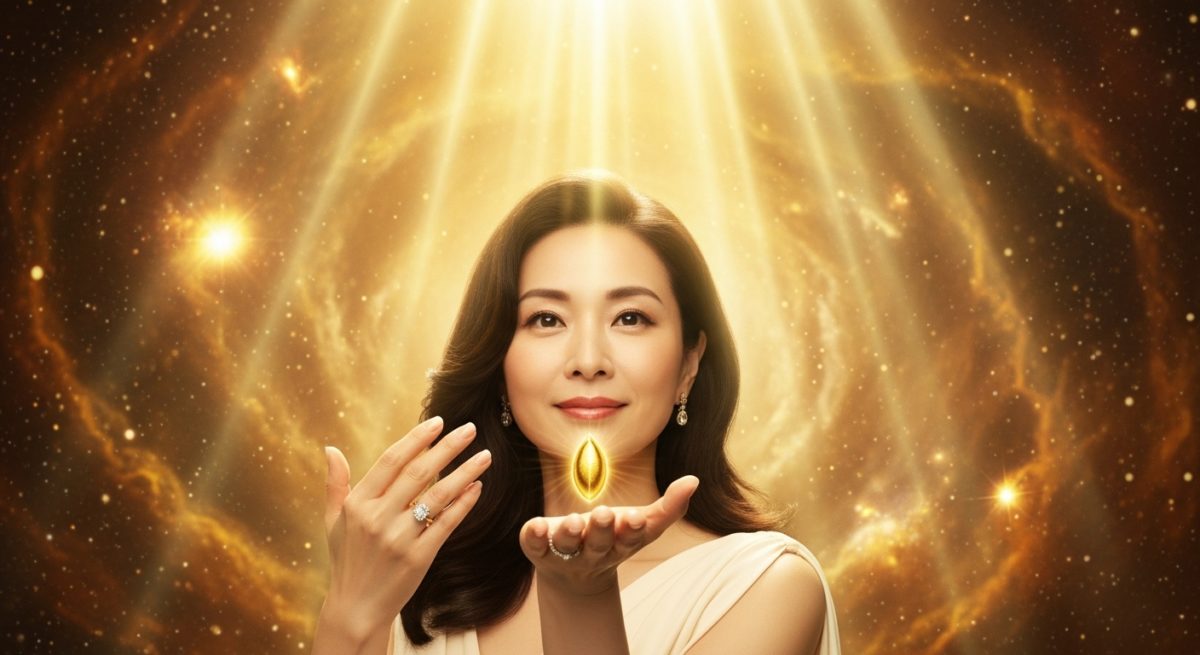 金色の光に満ちた空間で、自信に満ちた表情で前を見つめる30代の日本人女性。彼女の指には指輪が輝いており、その手の中には光る金のタネのようなものがある。これから大きな富を築いていく、始まりの予感を感じさせる雰囲気