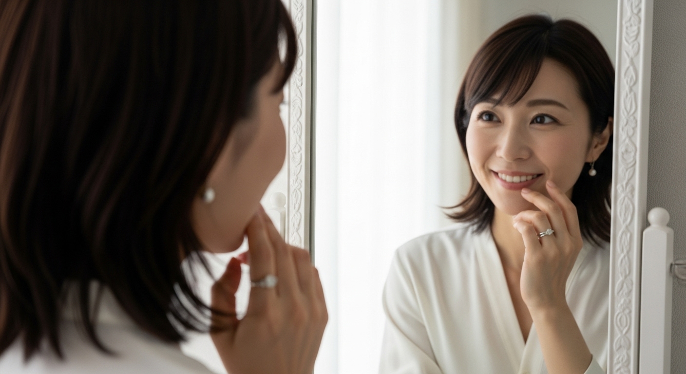 柔らかな光が差し込む部屋で、鏡に映る自分に優しく微笑みかけている30代の日本人女性。彼女の指には美しいシルバーリングが輝いている。その表情は、自分のすべてを受け入れ、愛せるようになった、穏やかで揺るぎない自信に満ちている。自己愛と魅力の覚醒をテーマにした、感動的で美しい雰囲気