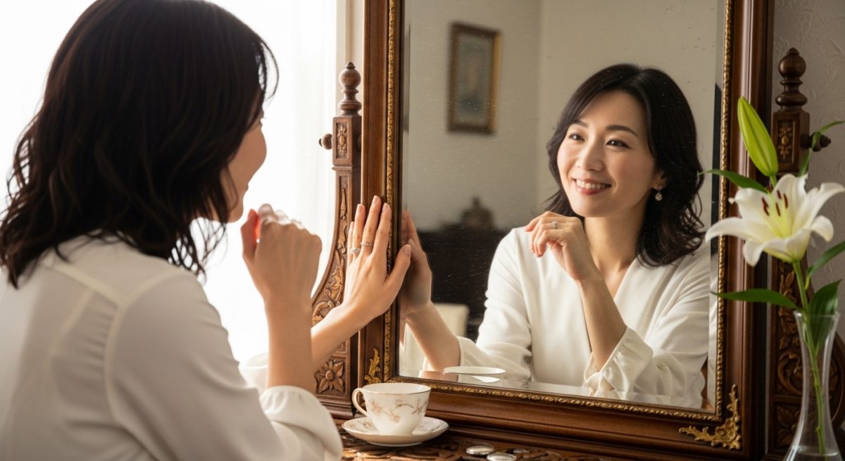 アンティークな鏡の前で、自分を愛おしそうに見つめる30代の日本人女性。彼女の指には指輪が輝いており、鏡の中の自分と現実の自分が、自信に満ちた笑顔で微笑み合っている。自己肯定感が高まる、感動的な雰囲気