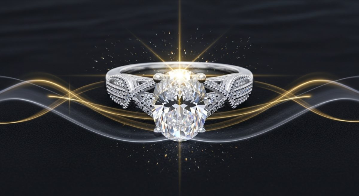 キラキラと神聖な光を放つシルバーリング。中央のジルコニアが特に強く輝いている様子。優しくも力強いエネルギーを感じさせる雰囲気