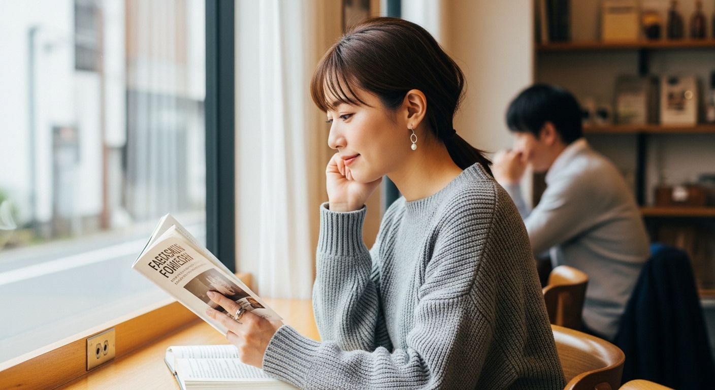 カフェの窓際の席で、一人の時間を楽しんでいる30代の日本人女性。彼女の指にはシルバーリングが輝いている。彼女は本を読んでいるが、その自信に満ちた穏やかな横顔のオーラに、背景の席にいる意中の男性が思わず目を奪われている、という構図。待ち受けなどに頼らずとも、自分自身の魅力で人を惹きつけている様子を表現