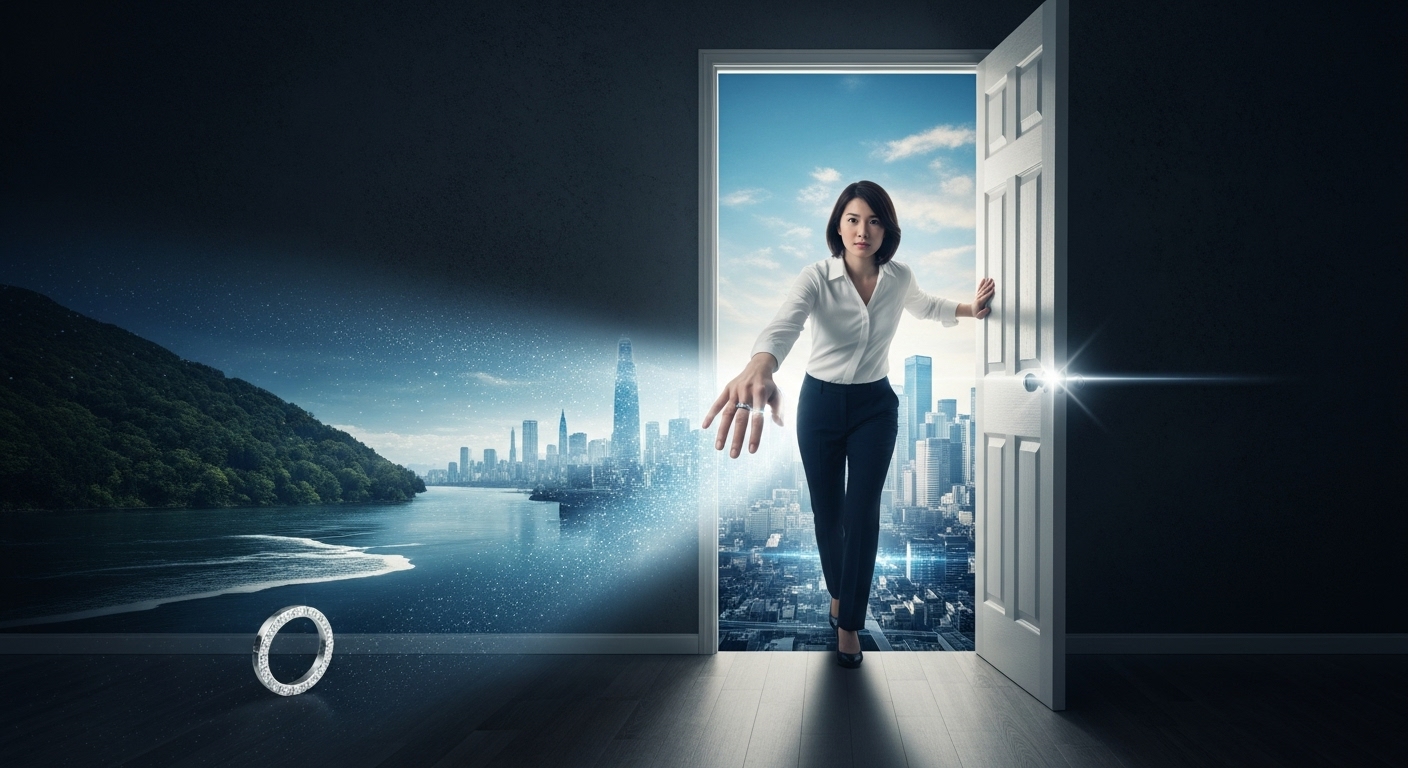 一人の30代の日本人女性が、暗く静的な部屋のドアを力強く開け、その向こうに広がる光り輝く新しい世界（美しい自然や未来的な街並みなど）へと、決意の表情で一歩踏み出そうとする瞬間。彼女の指にはシルバーリングが輝いている。「停滞の終わり」と「新しい流れの始まり」という、人生の転換点をドラマチックに描いた、希望に満ちた雰囲気