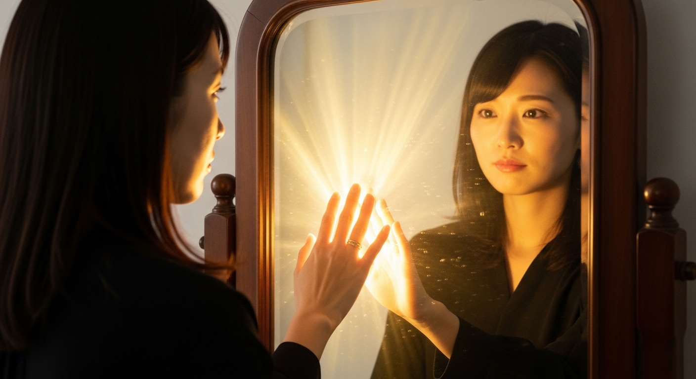少し自信なさげな表情の30代の日本人女性が、アンティークな鏡の前に立っている。しかし、鏡に映る彼女の姿は、光り輝くオーラを放ち、力強く自信に満ちた”本当の自分”。指輪をつけた現実の自分の手と、鏡の中の自分の手が優しく触れ合おうとしており、その接触点から金色の光が溢れ出している。自己の解放と覚醒をテーマにした、感動的で美しい雰囲気