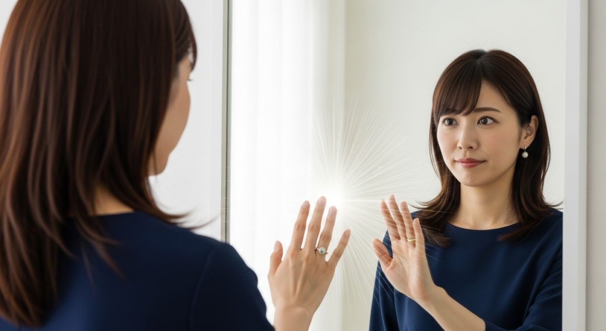 鏡の前に立つ、少し自信なさげな30代の日本人女性。しかし、鏡に映る姿は、光り輝くオーラを放つ、力強く自信に満ちた”本当の自分”。指輪をつけた現実の自分の手と、鏡の中の自分の手が触れ合おうとしており、そこから光が溢れ出している感動的なシーン