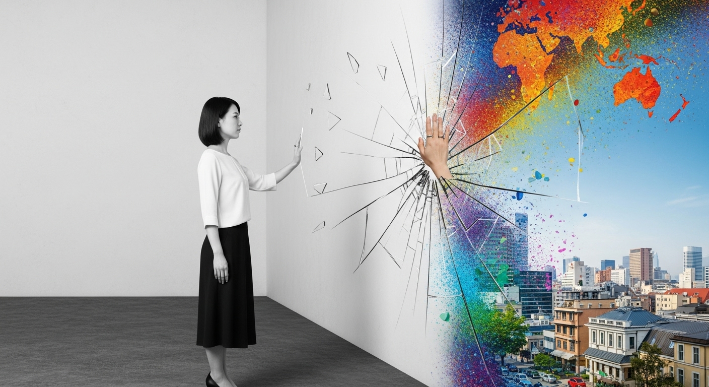 停滞を象徴する、モノクロで静止した灰色の世界に立つ、一人の30代日本人女性。彼女が指輪をつけた手で目の前の空間に触れると、そこがガラスのように砕け散り、その向こう側から、色鮮やかで活気に満ちた、希望に満ちた新しい世界が広がっている。停滞の終わりと劇的な運命の転換を、視覚的に表現した感動的な雰囲気