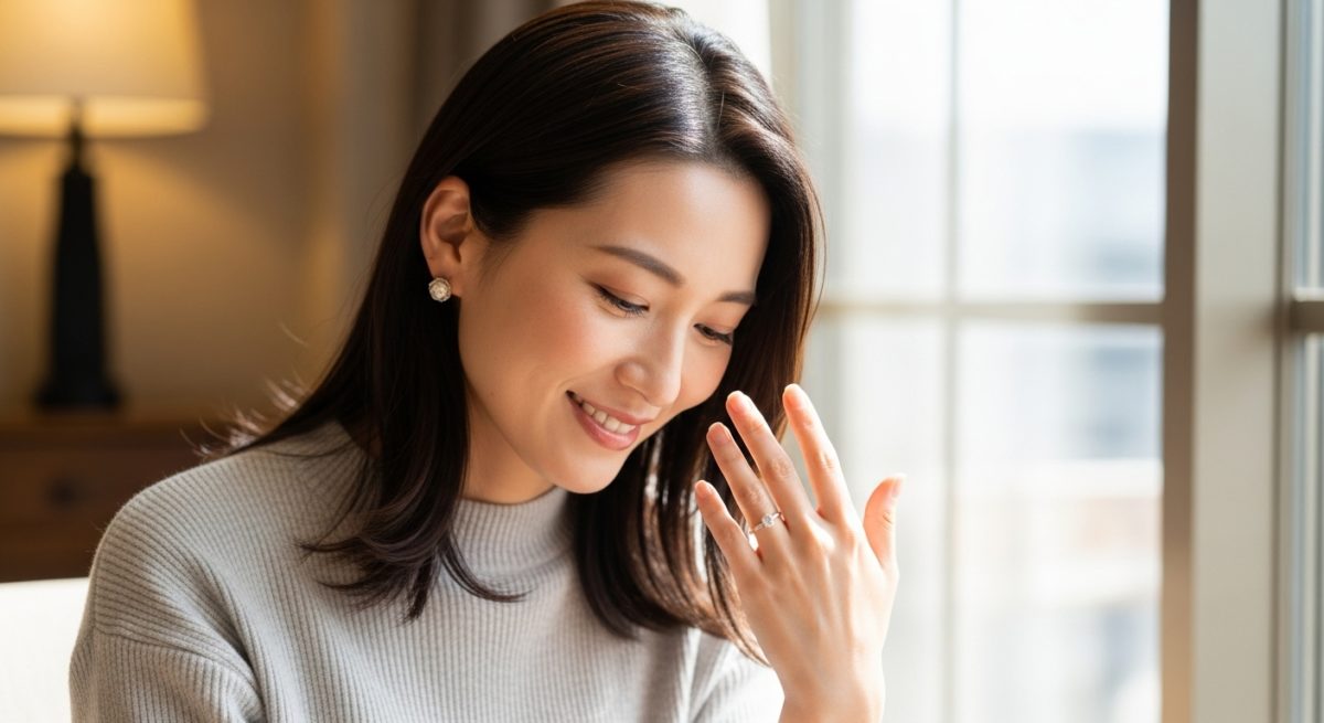 窓から明るい光が差し込む部屋で、指輪をつけた手を見て嬉しそうに微笑んでいる30代の日本人女性。未来への希望を感じさせる、穏やかで幸せそうな雰囲気