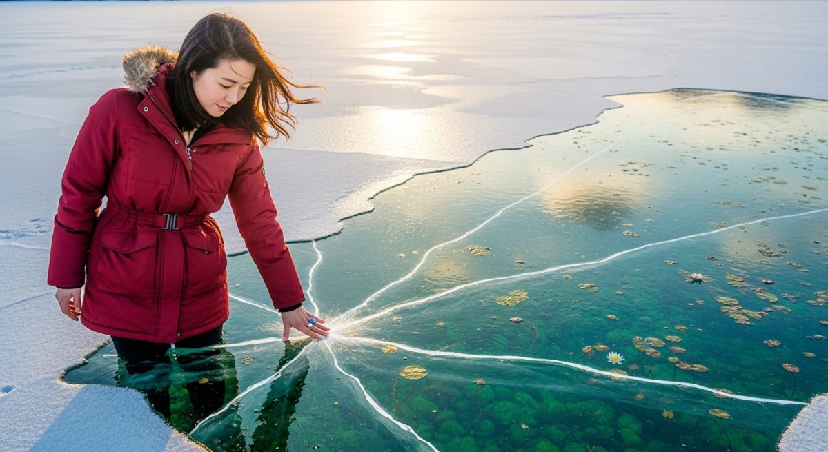 凍りついた湖の真ん中に立つ、一人の30代日本人女性。彼女が指輪をつけた手で氷に触れると、そこから亀裂が走り、氷が砕けて美しい春の湖が広がっていく。停滞の終わりと、新しい流れの始まりを象徴する、パワフルで美しいシーン