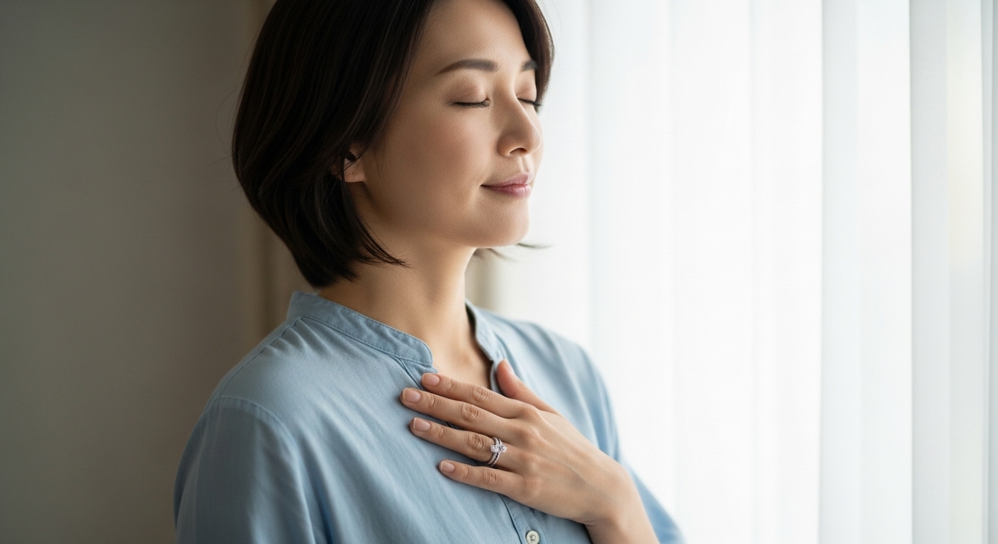 柔らかな光が差し込む部屋の窓辺に立ち、自分の胸にそっと手を当てている30代の日本人女性。その指には美しいシルバーリングが輝いている。彼女の表情は、目を閉じて、自分自身を深く受け入れ、慈しんでいるような、穏やかで揺るぎない自信と安心感に満ちている。「自分を愛する」というテーマを、静かで感動的に表現した雰囲気