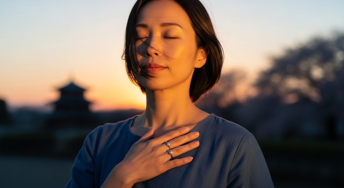夕暮れの美しい光の中、自分の胸にそっと手を当てる30代の日本人女性。その指には指輪が輝いている。彼女の表情は、穏やかで、自分自身を深く受け入れ、愛せるようになった、揺るぎない自信と安心感に満ちている