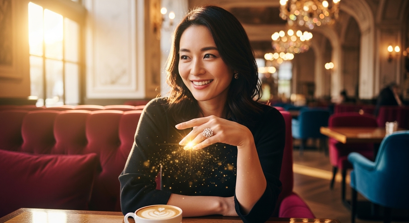 上品なカフェで、嬉しそうに微笑む30代の日本人女性。彼女の指には美しいシルバーの指輪が輝いており、その手元から金色のキラキラした光があふれ出している。豊かさと幸運の訪れを感じさせる、明るく華やかな雰囲気
