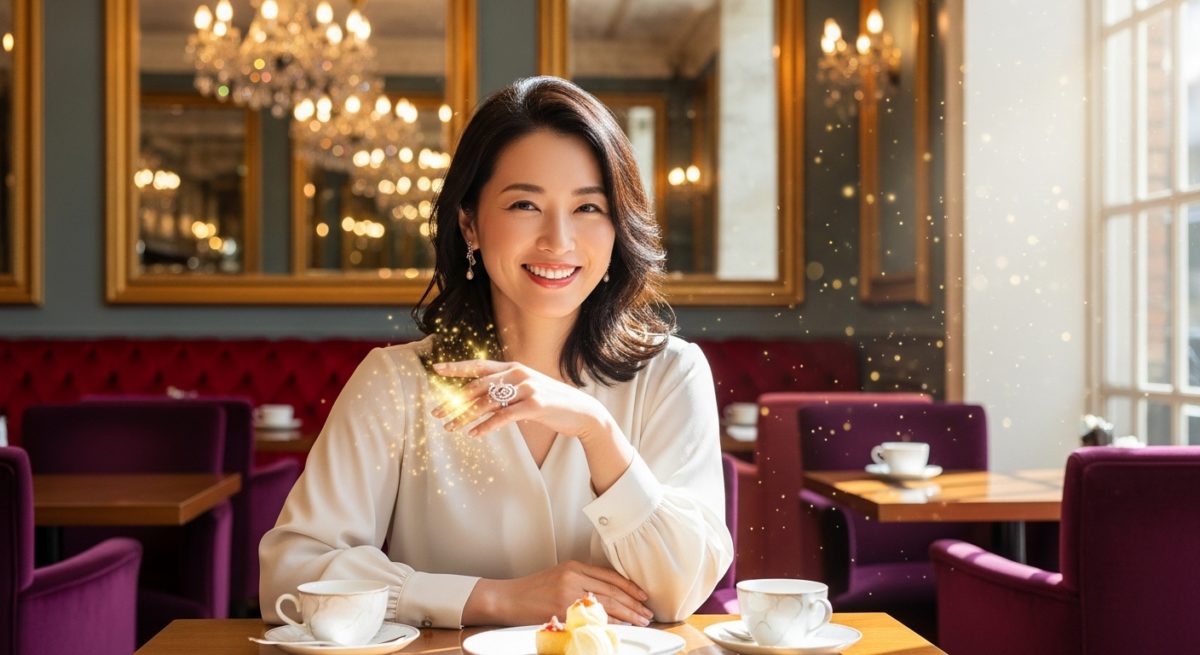 上品なカフェで、嬉しそうに微笑む30代の日本人女性。彼女の指には美しいシルバーの指輪が輝いており、その手元から金色のキラキラした光があふれ出している。豊かさと幸運の訪れを感じさせる、明るく華やかな雰囲気