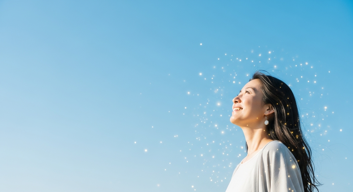 しがらみから解放され、晴れやかな表情で青空を見上げる30代の日本人女性。彼女の周りにはキラキラとした光が舞っており、背景の空はどこまでも澄み渡っている。とても軽やかで、自由で、希望に満ちた雰囲気。