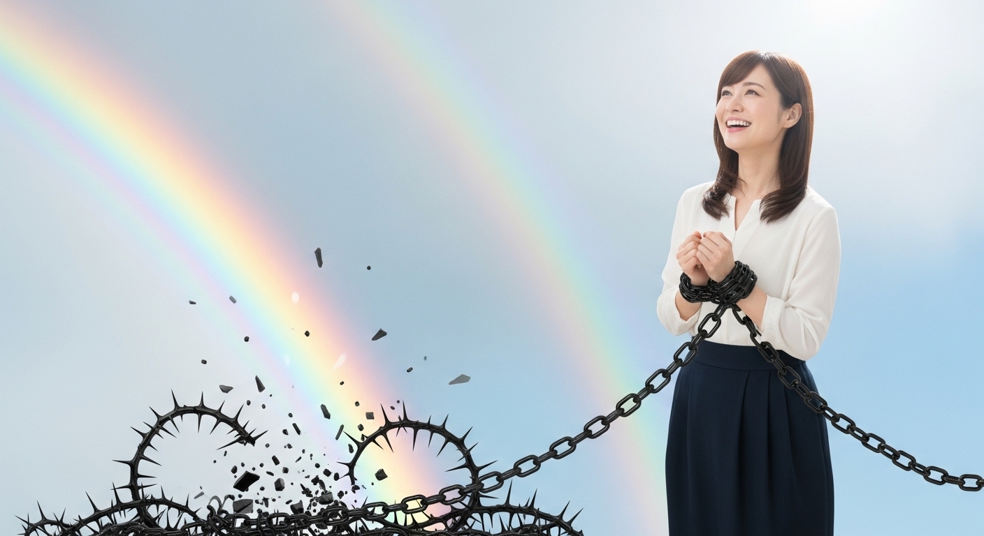 自分を縛り付けていた黒い鎖や茨が足元で砕け散り、光の中で晴れやかで清々しい笑顔を見せる30代の日本人女性。背景には美しい虹がかかっており、長年の苦しみから完全に解放され、新しい人生が始まる希望に満ちた、感動的な雰囲気