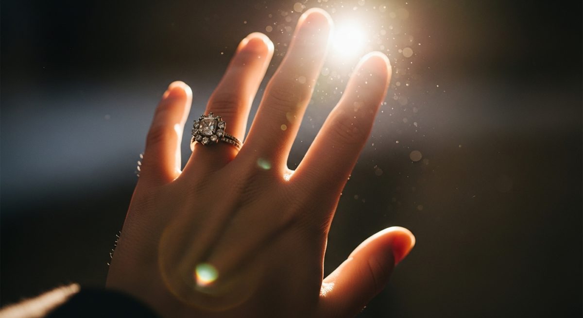 キラキラと輝く指輪をはめた手が、光をつかもうとしている様子