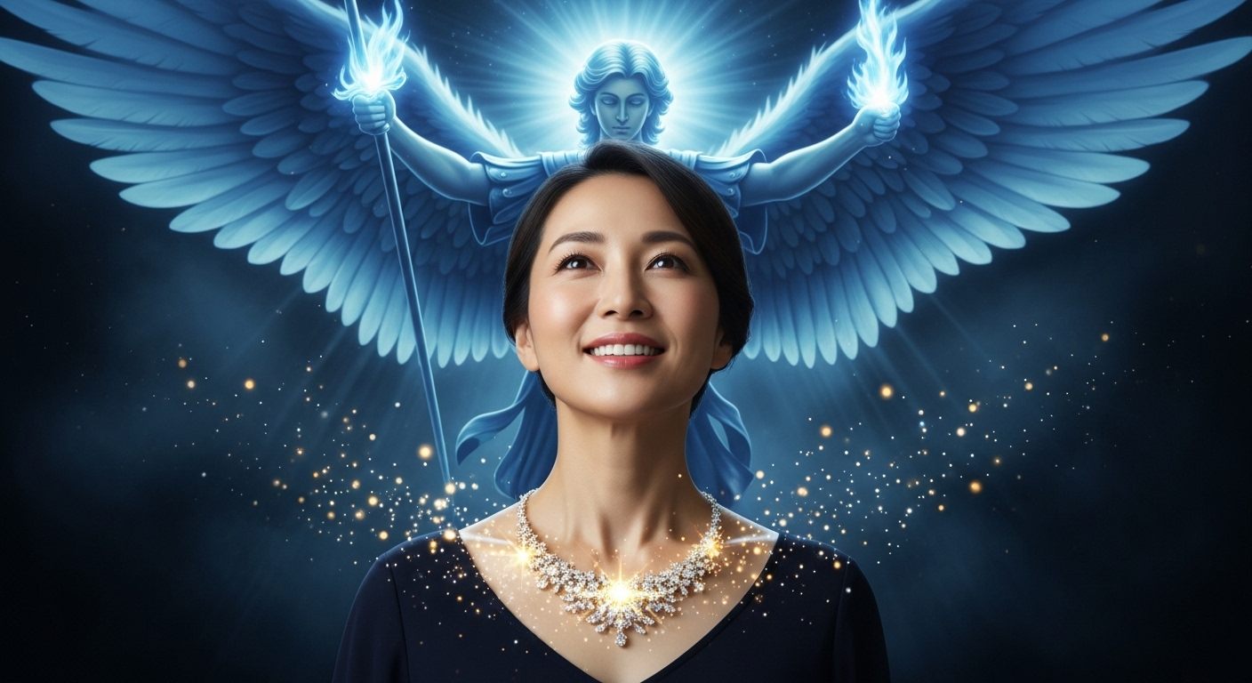 ネックレスから放たれる青い光のバリアが、黒い影を弾き飛ばし、黄金の光だけを取り込んでいるイメージ図