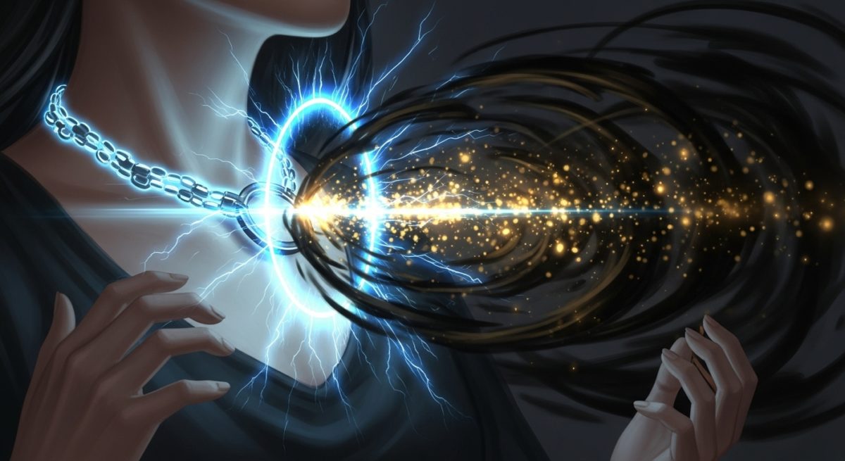 ネックレスから放たれる青い光のバリアが、黒い影を弾き飛ばし、黄金の光だけを取り込んでいるイメージ図