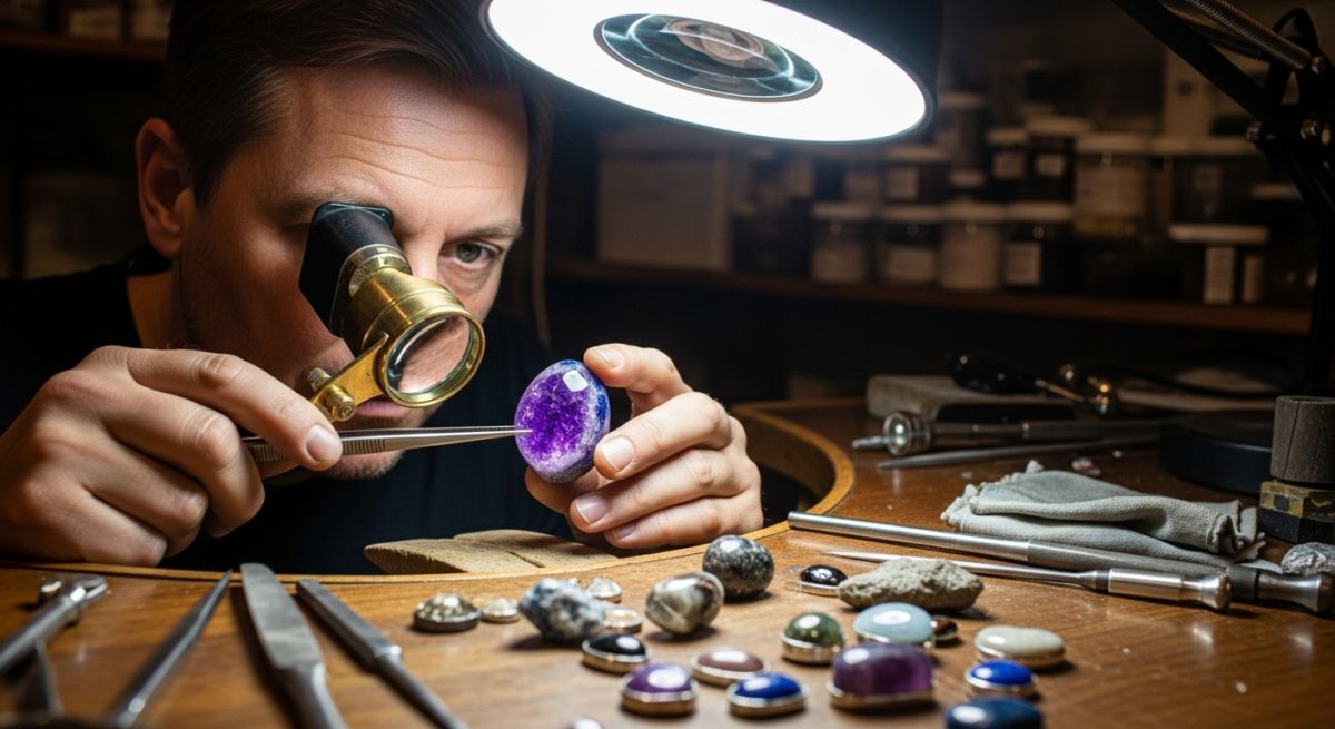 虫眼鏡でパワーストーンの品質を真剣に見極めている人の手元