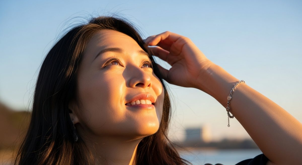 朝日の中で魔除けブレスレットを身に着けた女性が、晴れやかな表情で空を見上げている様子