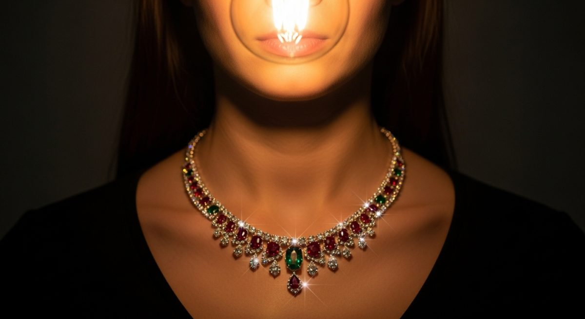 ネックレスの宝石部分が光り輝き、着用者の頭上に電球が灯るようなインスピレーションのイメージ