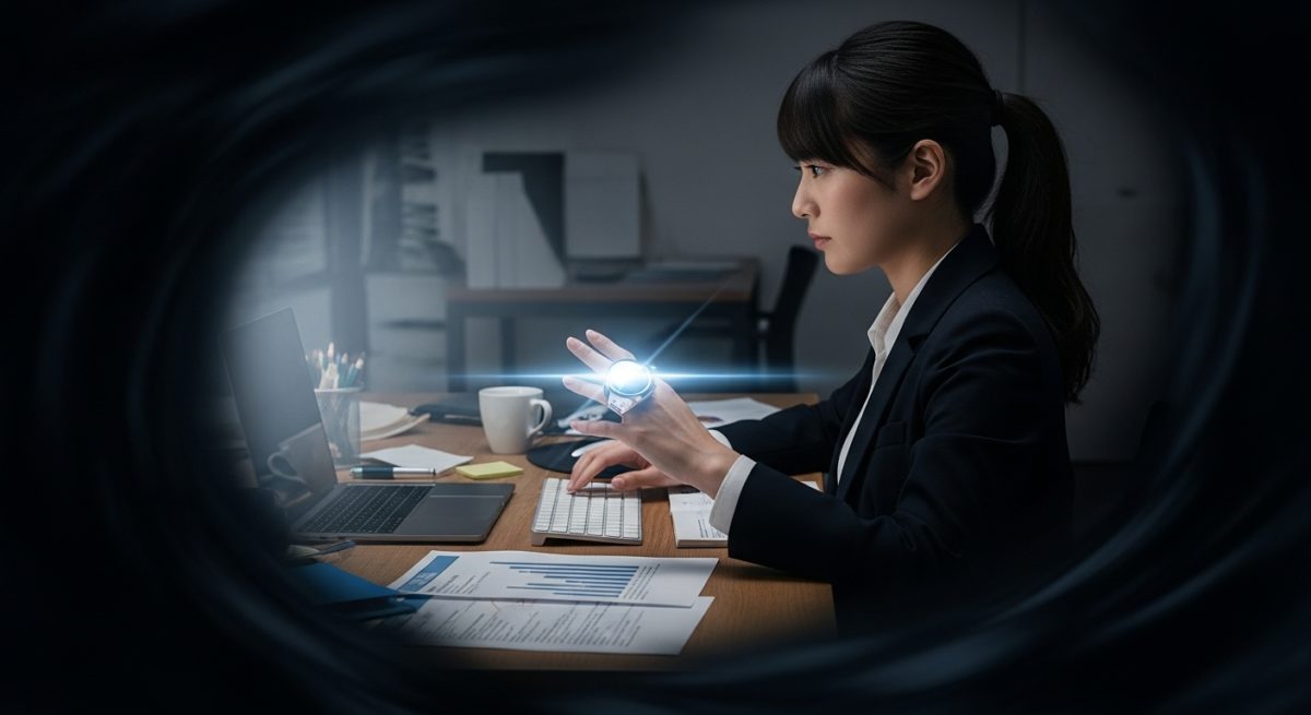 デスクワーク中の日本人女性の手元。右手の中指にシルバーの指輪が輝いており、周囲の暗いモヤのようなものが指輪の光で弾かれているイメージ