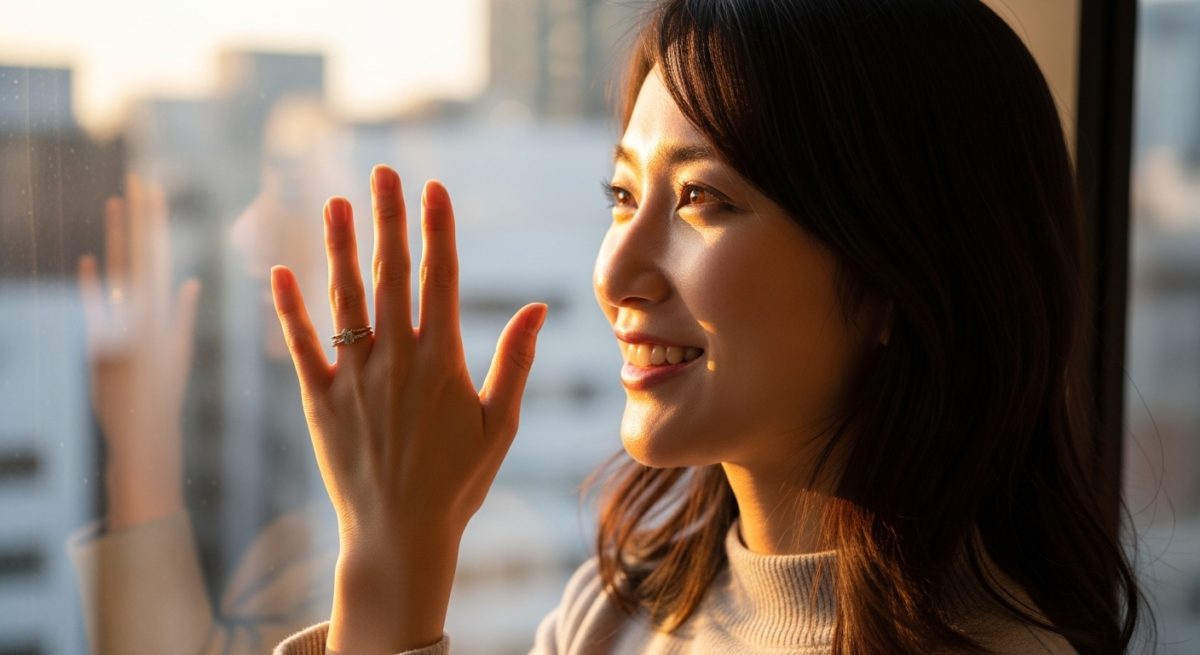 日本人女性が窓辺で指輪をつけた手を太陽にかざし、光を受けて微笑んでいる様子。清々しい表情で、希望に満ちている雰囲気
