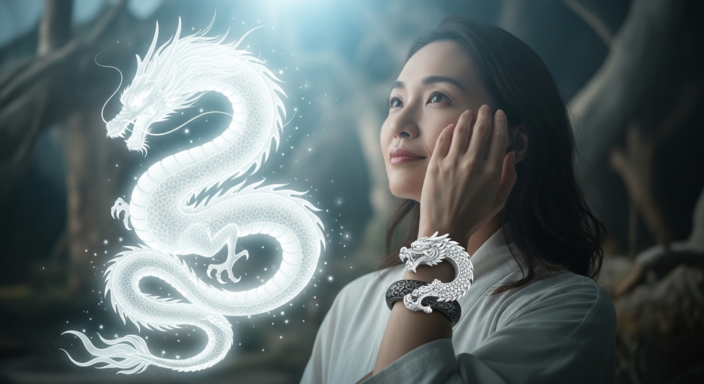 神秘的な光が差し込む静かな空間で、美しい龍の彫刻が施されたパワーストーンブレスレットを身につけた日本人女性が、希望に満ちた穏やかな表情で遠くを見つめている。背景には淡い光を放つ白龍が舞っているような幻想的なエフェクト。クリアでスピリチュアルな雰囲気。