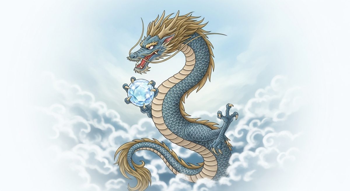キラキラと輝く水晶玉を掴み、力強く天に昇っていく荘厳で美しい日本龍のイラスト。背景は神秘的な雲海が広がっている。開運や運気上昇のエネルギーが感じられるポジティブな雰囲気