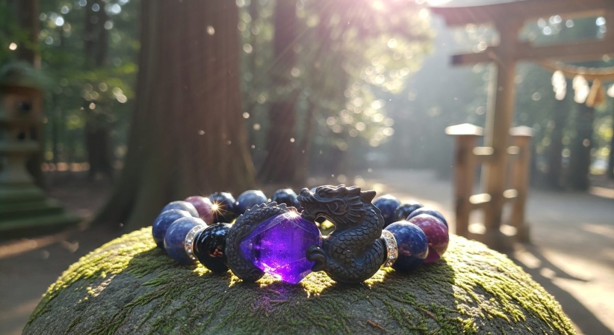 美しいパワーストーンで作られた龍神の彫刻入りブレスレットが、神社の神聖な光の中でキラキラと輝いている様子
