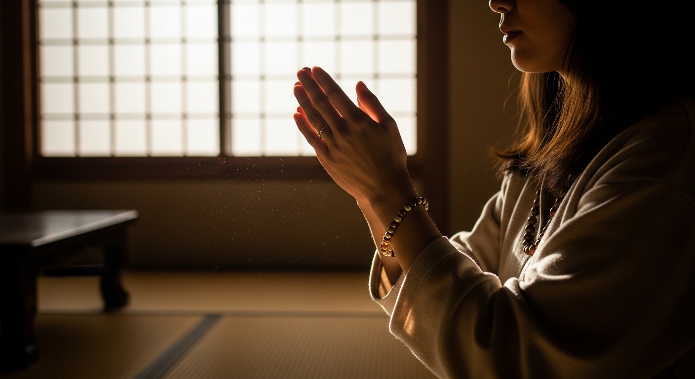日本人女性が、左手首に着けた龍神ブレスレットを右手でそっと優しく包み込んでいる。背景は少しぼかした和室で、障子から穏やかな光が差し込んでいる。感謝と大切に思う気持ちが伝わる、温かくスピリチュアルな雰囲気。