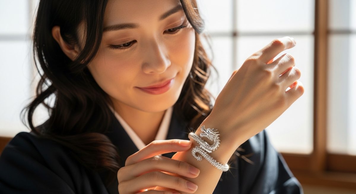 日本人女性が左手首に着けた龍神ブレスレットを愛おしそうに眺めているシーン。窓から差し込む柔らかな自然光がブレスレットを照らし、キラキラと輝いている。