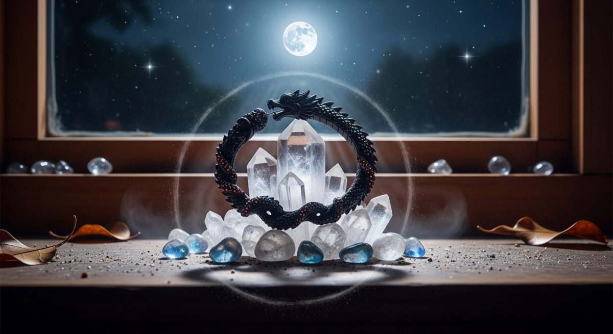 満月の美しい夜、窓辺に置かれた水晶のさざれ石の上で、龍神ブレスレットが静かに月の光を浴びて浄化されている、神秘的で静かなシーン