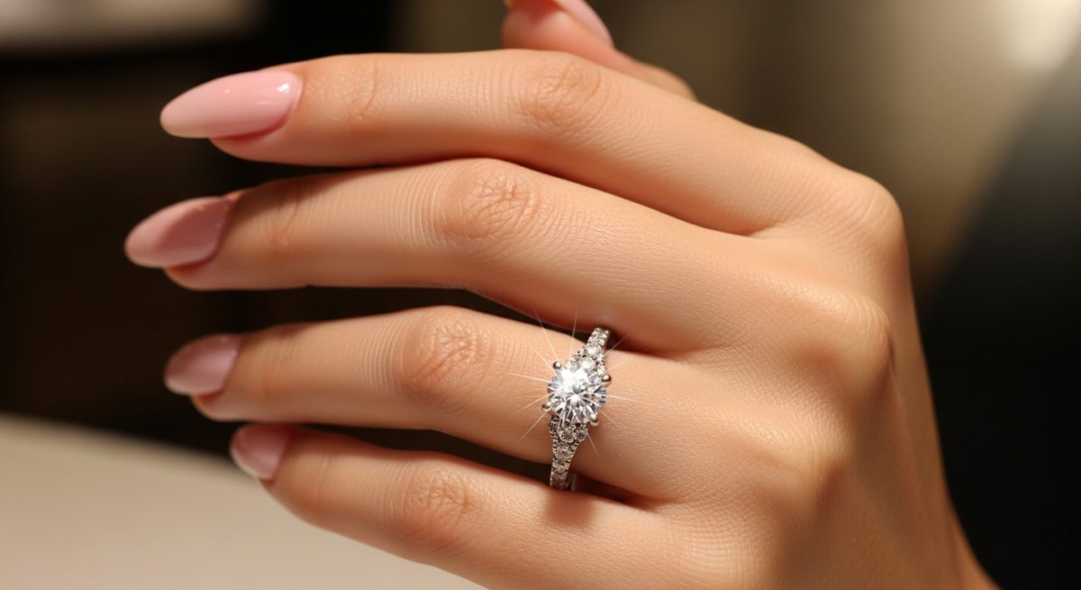 ネイルをした美しい指先に、キラキラと輝くシルバーリングがはめられている様子